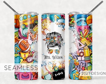 Add Your Own Name Teacher Life Bun Hair Funny Seamless Sublimation Designs Downloads - Skinny Tumbler 20oz Design - PNG 2021