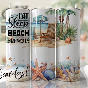 Beach Tumbler Wrap Seamless Tumbler Template Quote Eat Sleep Beach Repeat Sublimation Designs Downloads - Summer Skinny 20oz Design