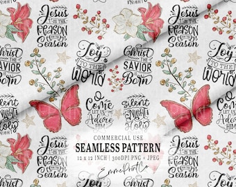 May include: A seamless pattern featuring a white background with various Christmas-themed illustrations. The pattern includes butterflies, flowers, stars, and text such as "Jesus is the reason for the season", "Joy to the world", and "Silent Night Holy Night".