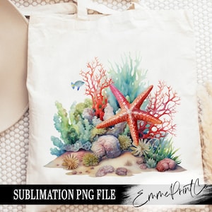 May include: Watercolour painting of a red starfish on a bed of coral and seaweed. The starfish is surrounded by various types of coral and seaweed, including green, blue, and red varieties. The painting is set against a white background.