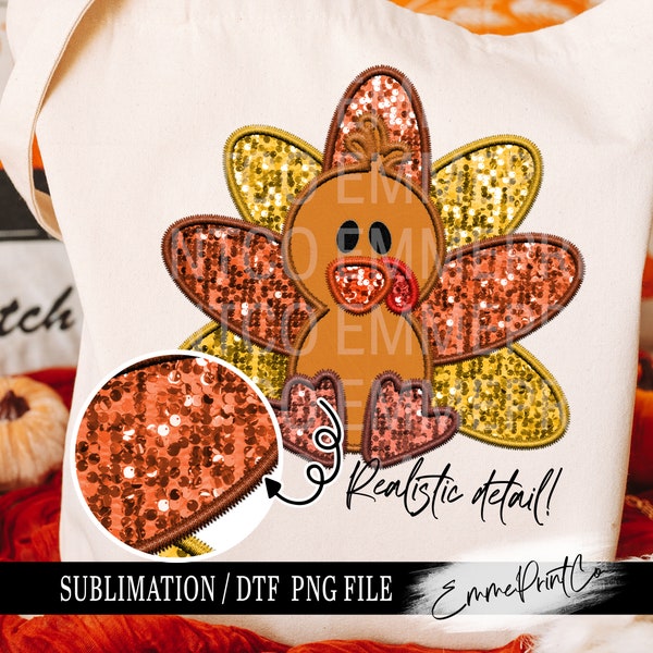 Faux Embroidery Sequins Turkey - Thanksgiving - Sublimation Design Download PNG - DTF - Shirts Mugs EmmePrintCo