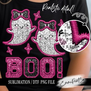 Faux Embroidery Pink Ghost - Halloween - Sequins Glitter Sublimation Design Download PNG - DTF  Download - Shirts  EmmePrintCo