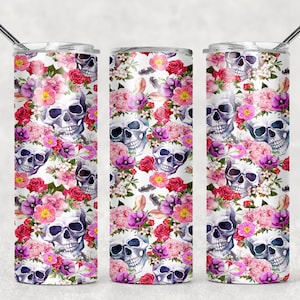 SEAMLESS Floral Skull Halloween Sublimation Designs Downloads - Skinny Tumbler 20oz Design - PNG Commercial Use 2020