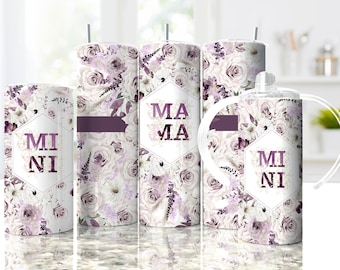 Purple Floral Mama Mini Tumbler PNG Set Sippy 12oz 15oz Tumbler Wrap PNG Seamless Sublimation Designs - Skinny Tumbler 20oz Design - 2022