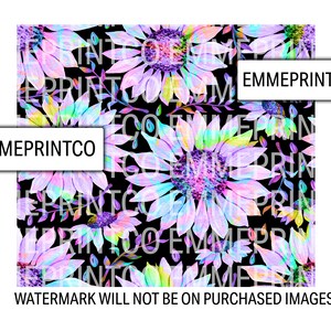 May include: A seamless pattern featuring vibrant, watercolor-style sunflowers in shades of pink, purple, and blue on a black background. The flowers have a layered, textured look, with hints of yellow and green in the petals. The pattern is perfect for creating unique and eye-catching designs.