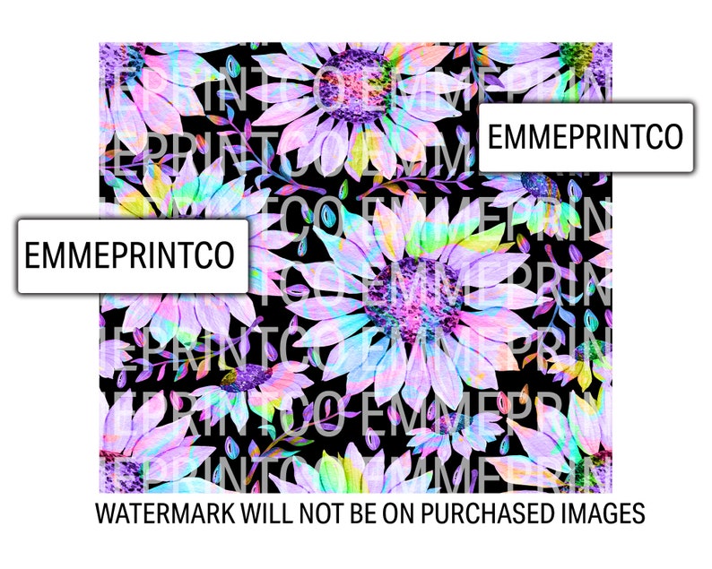 May include: A seamless pattern featuring vibrant, watercolor-style sunflowers in shades of pink, purple, and blue on a black background. The flowers have a layered, textured look, with hints of yellow and green in the petals. The pattern is perfect for creating unique and eye-catching designs.