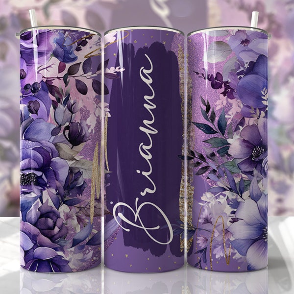 Add Name - Purple Floral - 20oz Skinny Seamless Tumbler Wrap PNG - Sublimation Tumbler Template - EmmePrintCo