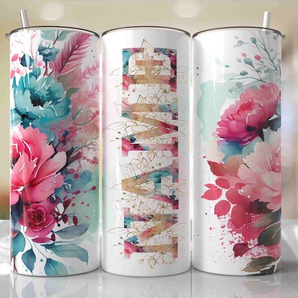 ALPHA Included! Add Your Own Name Pink Blue Gold Floral Sublimation Tumbler Seamless Sublimation Designs Downloads - Tumbler Wrap 20oz - PNG