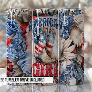 4 luglio Tumbler Tumbler senza cuciture PNG Rosso Bianco e blu American GIRL Design di sublimazione senza cuciture Download - Design magro da 20 once