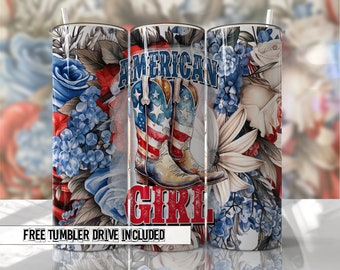 4 lipca Tumbler Seamless Tumbler Wrap PNG Czerwony Biały i Niebieski American GIRL Bezszwowe Wzory Sublimacji Pobieranie - Skinny 20oz Design
