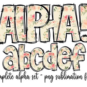 Conjunto Alfabético con Estampado Floral de Vaca de las Tierras Altas - Paquete de Letras - Alfabeto Clipart - Letras Dibujadas a Mano - Paquete de Números para Sublimación
