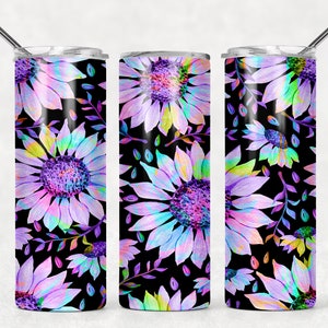 May include: Three stainless steel tumblers with a colorful floral design. The tumblers feature a pattern of purple, pink, blue, and green sunflowers on a black background.