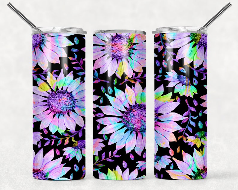 May include: Three stainless steel tumblers with a colorful floral design. The tumblers feature a pattern of purple, pink, blue, and green sunflowers on a black background.
