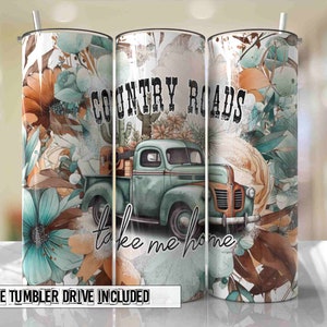 Country Roads Take Me Home Música Country Seamless Tumbler Wrap PNG Designs de Sublimação Sem Costura Downloads - Design Skinny 20oz