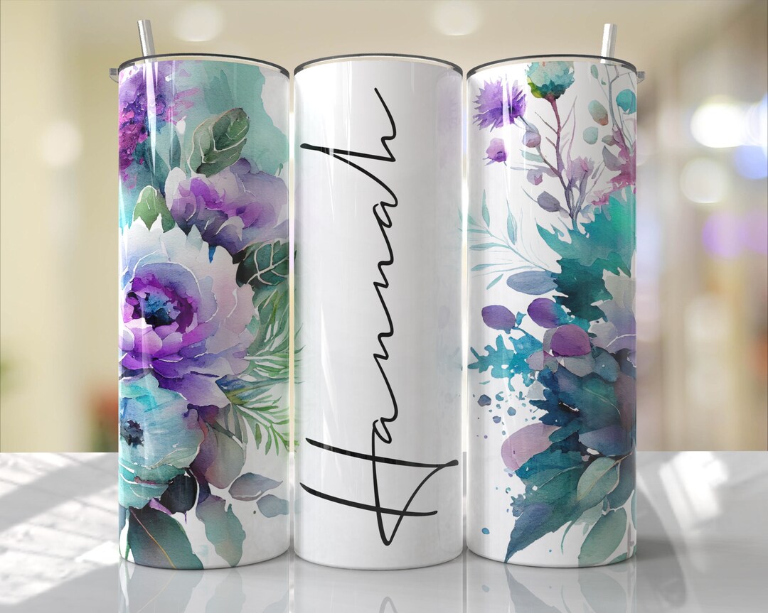 Floral Tumbler Wrap Add Your Own Name Colorful Purple Aqua Flowers ...