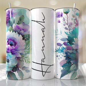 Envoltório de copo floral Adicione seu próprio nome Flores coloridas roxas aquáticas Sublimação Designs sem costura - Design de copo fino de 20 onças - PNG 2023