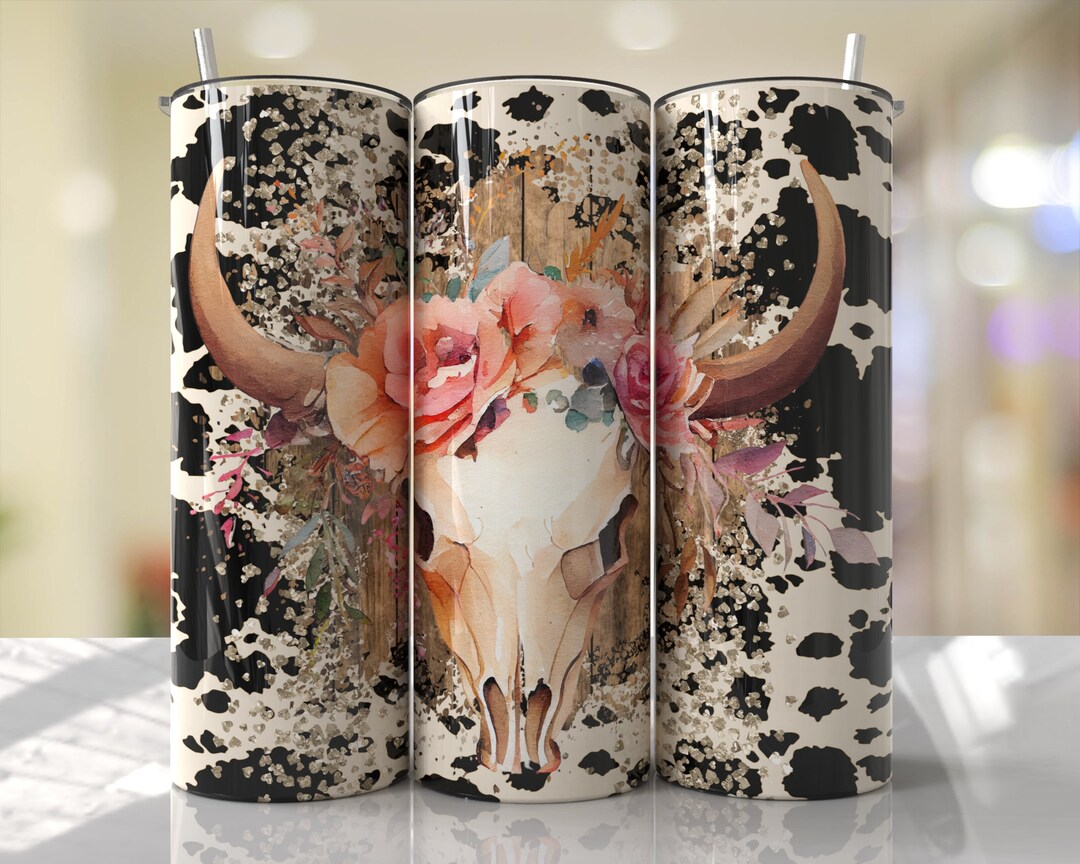 Bull Skull Western Country Cow Tumbler Wrap Floral Seamless Designs ...