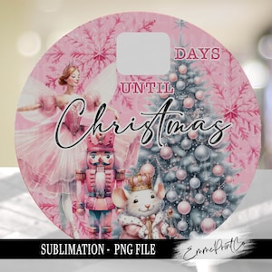 Può includere: Cerchio di conto alla rovescia di Natale rosa con una ballerina, uno schiaccianoci e un topo con una corona. Il cerchio ha uno spazio vuoto per scrivere il numero di giorni fino a Natale. Il testo "Giorni fino a Natale" è scritto sul cerchio.
