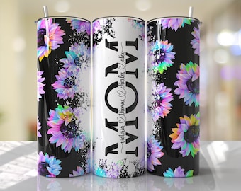 Mother's Day Tumbler Wrap PNG Add Kids Names Purple Sunflower Tumbler Seamless Sublimation Designs Downloads - Skinny 20oz Design - 2022