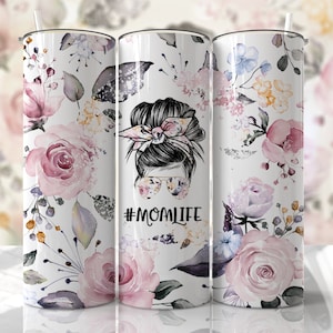 Mom Life Floral Mom Bun Hair Engraçado Seamless Sublimation Designs Downloads - Skinny Tumbler 20oz Design - PNG -EmmePrintCo