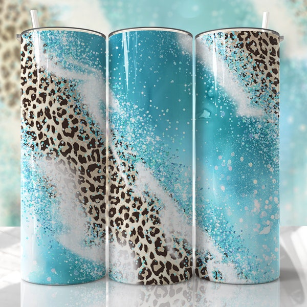 Milky Way Cheetah Print Seamless Tumbler Design Turquoise Agate Aqua Glitter Sublimation Designs Downloads - Skinny 20oz Wrap - PNG