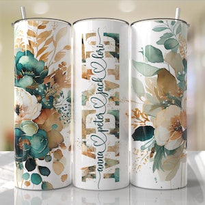 May include: Three stainless steel tumblers with a floral design. The tumblers are white with a watercolor-style design of teal, brown, and white flowers. The middle tumbler has the text "Happy" in gold lettering and the text "Anna & Peter Jack Lori" in black lettering.
