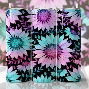 May include: Three stainless steel tumblers with a black background and a repeating pattern of watercolor-style pink, blue, and purple sunflowers with green leaves.