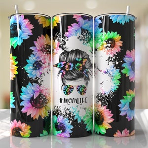Rainbow Mom Life Leopard Print Sunflowers Mom Bun Hair Funny Seamless Sublimation Designs Downloads - Skinny Tumbler 20oz Design - PNG 2021
