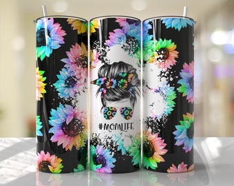 Rainbow Mom Life Leopard Print Sunflowers Mom Bun Hair Funny Seamless Sublimation Designs Downloads - Skinny Tumbler 20oz Design - PNG 2021