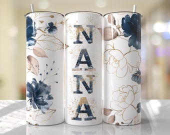 Nana Floral Tumbler Sublimation Design – Navy Blue Gold (PNG)