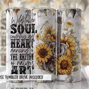 Girassol Guitar Tumbler Wrap PNG Sublimação Designs Wildflower Soul Country Heart - Skinny Tumbler 20oz Design