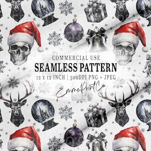 Pode incluir: Um padrão sem costura com fundo branco com ilustrações em preto e branco de crânios usando chapéus de Papai Noel, renas, bolas de neve, ornamentos, flocos de neve e caixas de presente. O texto "COMMERCIAL USE SEAMLESS PATTERN 12 X 12 INCH | 300DPI PNG + JPEG EmmePrintCo" é impresso em preto no centro do padrão.