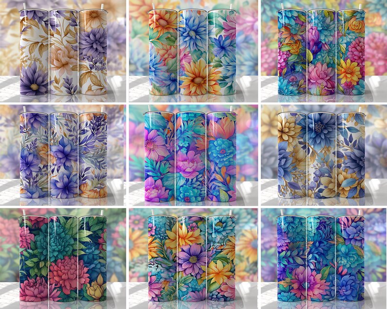 Watercolor Floral Tumbler Wrap Bundle PNG Seamless Tumbler Drive ...