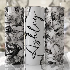 Floral Lillies Tumbler Wrap mit Namen Sublimation Anpassen von Designs Fügen Sie Ihren eigenen Text hinzu Nahtlose Downloads - Skinny Tumbler 20oz Design - PNG