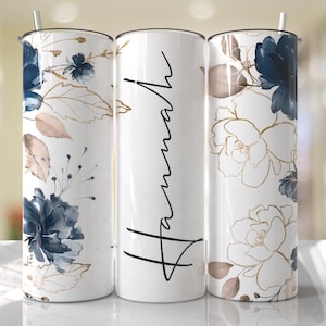 Floral Tumbler Wrap PNG - Blue Gold Add NameSublimation Tumbler Seamless Sublimation Designs Downloads - Skinny Tumbler 20oz Design