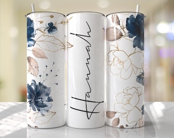 Envoltura floral para vaso PNG - Azul dorado, añadir nombre, vaso de sublimación, diseños de sublimación sin costuras, descargas - Diseño de vaso delgado de 20 oz
