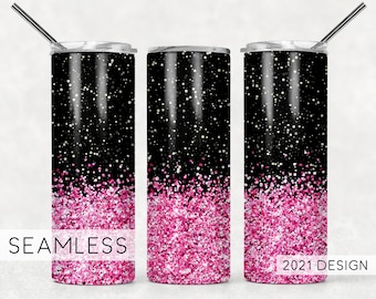 SEAMLESS Tumbler Design Template Pink Black Glitter Sublimation Designs Downloads - Skinny Tumbler 20oz Design - PNG Commercial Use 2021