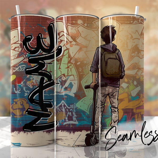 Teen Boy Tumbler Wrap Seamless Graffiti Scooter Skater Tumbler PNG Template Sublimation Designs Downloads - Skinny 20oz Design