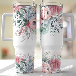 Envoltura para vaso de 40 oz con diseño floral pastel - Diseño de vaso PNG sin costuras - Descargas de diseños de sublimación - PNG