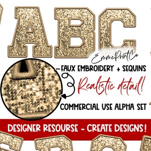 Oro - Conjunto Alfabeto con lentejuelas bordadas falsas - Sublimación PNG DTF Letras deportivas - EmmePrintCo