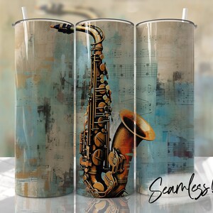 Plantilla para vaso de saxofón sin costuras, ideal para música y aficiones, para hombres. Descargas de diseños de sublimación - Diseño delgado de 20 oz