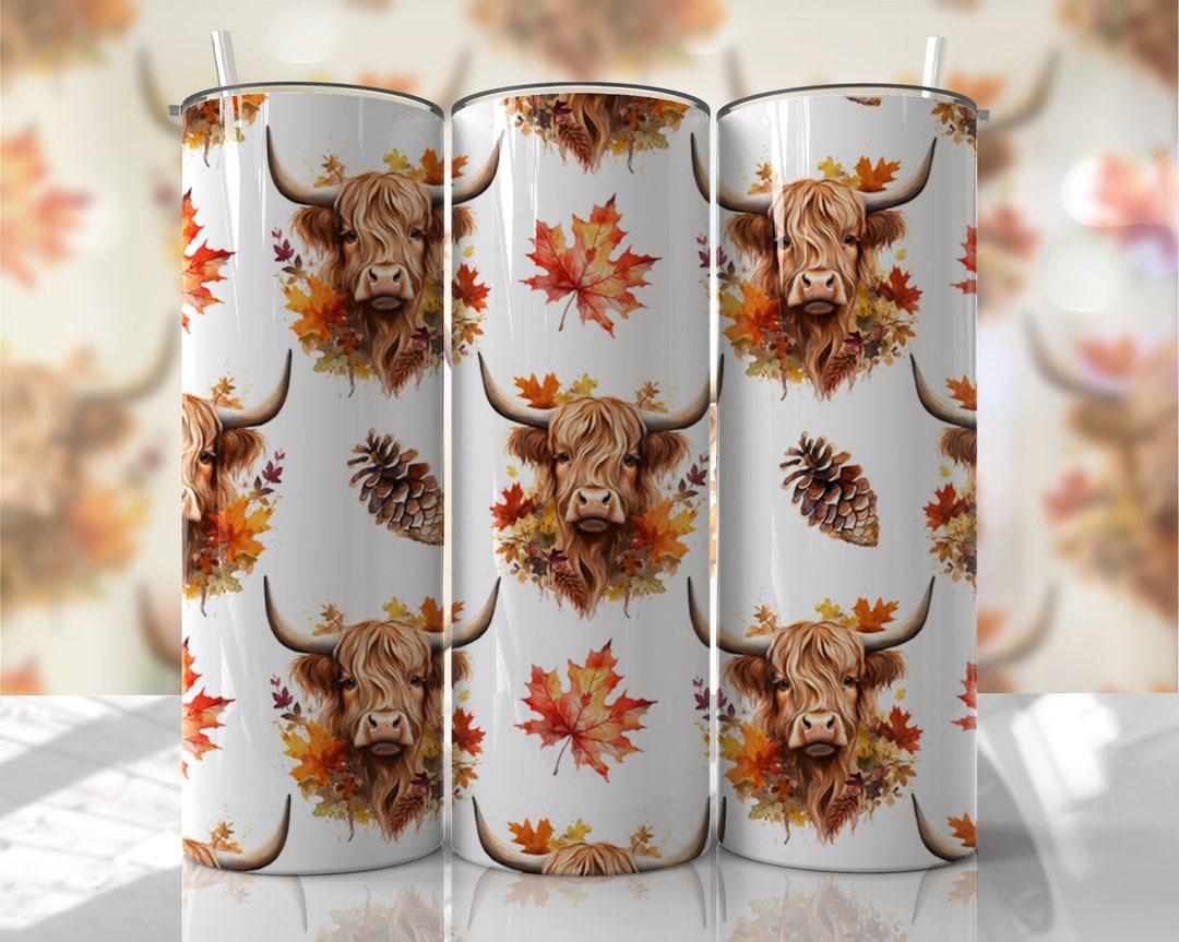 Highland Cow Tumbler Wrap Sublimation Designs - Fall Leaves Seamless ...