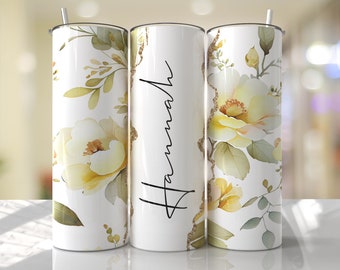 Yellow Floral Add Your Own Name Text Seamless Tumbler Design Gold Sublimation Designs Downloads - Skinny 20oz - PNG 2023