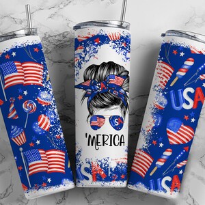 Mom Bun Hair Bright 'Merica 4th of July Seamless Sublimation Designs Downloads - Skinny Tumbler 20oz Design - Torn Edge Design PNG 2021
