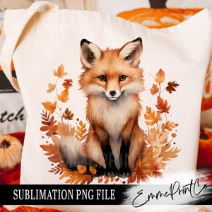 May include: A white tote bag with a watercolor illustration of a fox sitting in a wreath of autumn leaves. The text "SUBLIMATION PNG FILE" is at the bottom of the bag.