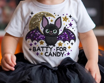 Cute Girls Halloween Funny Bat Candy Faux Embroidery  Sequins Glitter Sublimation Design Download PNG - DTF  Download - Shirts