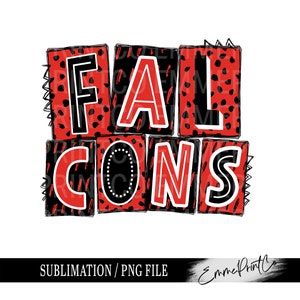 May include: Red and black graphic design with the text "FALCONS" in a bold, blocky font. The letters are outlined in black and have a textured background.