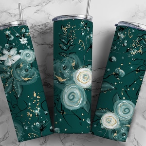 Green Teal Floral Tumbler Wrap PNG  Seamless Sublimation Designs Downloads - Skinny 20oz