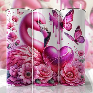 VALENTINE&#39;S DAY Tumbler Wrap - Cute Flamingo - 20oz Skinny Seamless Tumbler Wrap PNG - Sublimation Tumbler Template - EmmePrintCo