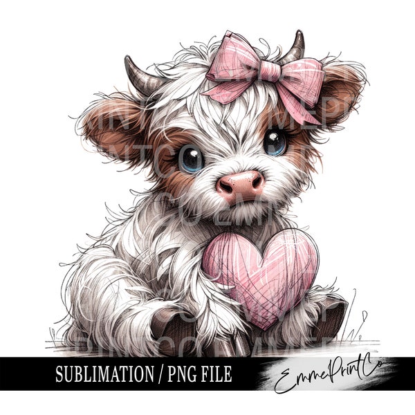 Highland Cow - San Valentino - Sublimation Design Download PNG - Download file digitale DTF - Magliette, tazze, bicchieri EmmePrintCo